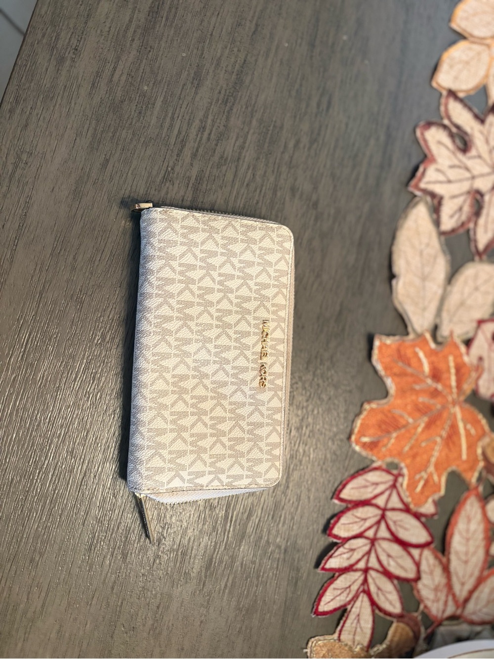 Michael Kors Cream Signature Zip Wallet with Gold Logo